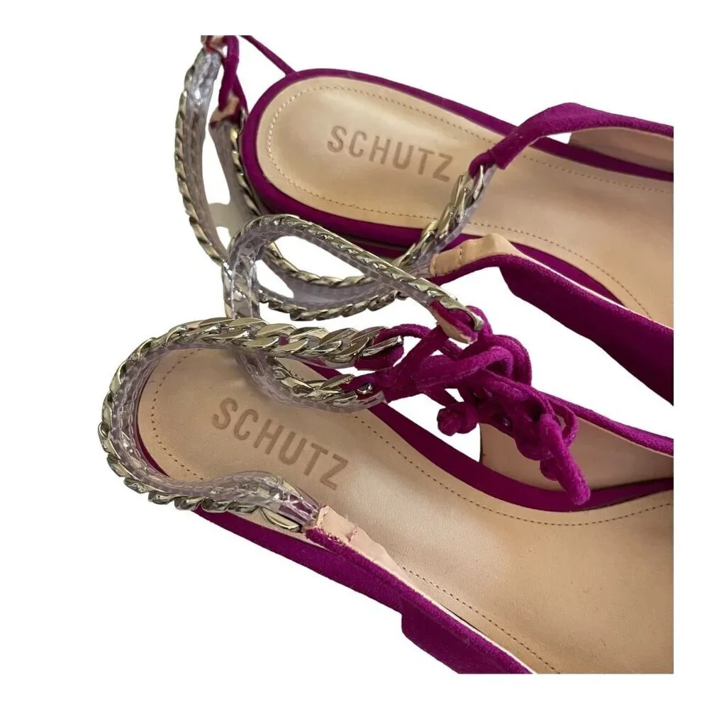 Schutz Size 9.5 Odilenny Flat Violet Pink Pointed Toe Suede Chain Ankle Tie